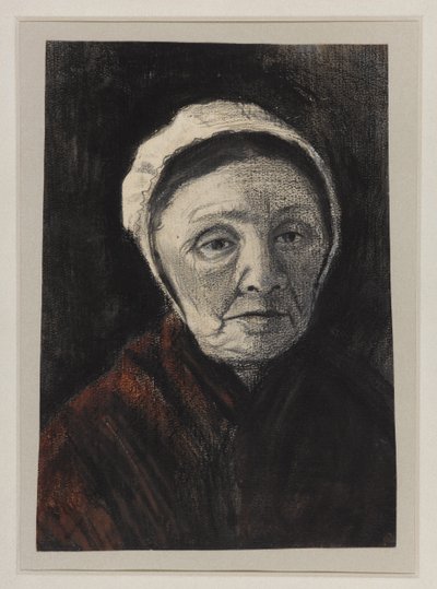 Cabeça de uma mulher idosa em um boné de Scheveninger, 1882-83 (carvão vegetal, giz preto e marrom sobre papel) de Vincent van Gogh