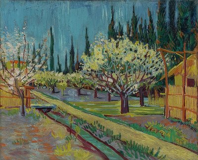 Pomar cercado por ciprestes. 1888 de Vincent van Gogh