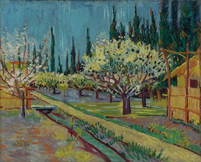 Pomar cercado por ciprestes de Vincent van Gogh