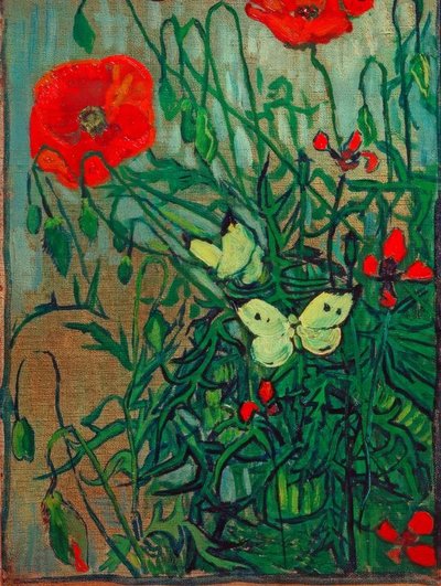 Borboletas em flores de papoula de Vincent van Gogh