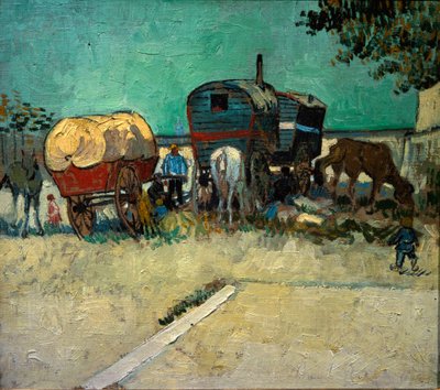 Reboques, acampamento boémio nas proximidades de Arles (Óleo sobre tela de Vincent van Gogh