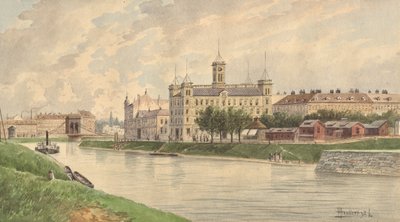Weissgärber Lände em Viena com o Edifício Danúbio Steamship de Vincenz Havlicek
