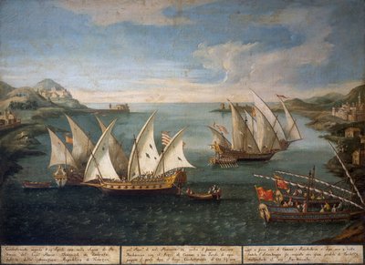 Batalha naval entre os navios venezianos de Marco Ivanovich Dobrota e os navios turcos ao largo de Patras a 17 de Abril de Vincenzo Chilone