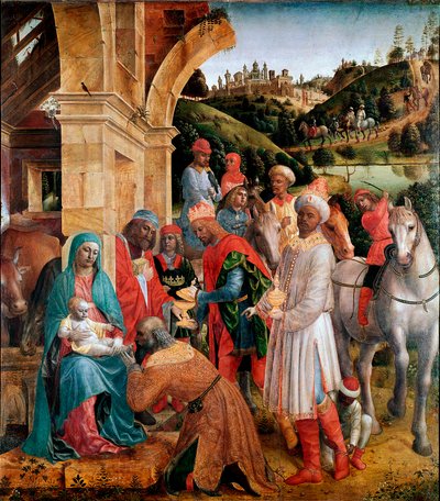 Adoração da Pintura Magos por Vincenzo Foppa (ca. 1427-1515) Sol. 239x210 cm Londres, National Gallery - A Adoração dos Reis Magos, de Vincenzo Foppa (c.1427-c.1515). Óleo sobre choupo, 239x210 cm, c.1500. National Gallery, Londres, Reino Unido de Vincenzo Foppa