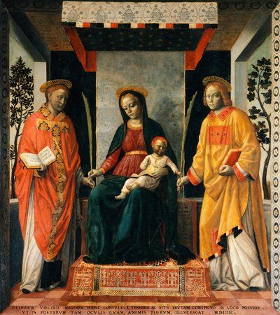Madona e Criança entre São Faustino e São Jovita, de Vincenzo Foppa (ca 1427-ca 1515), Tempera sobre tela, 205x226 cm de Vincenzo Foppa