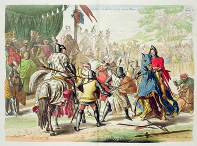 Cavaleiros que duelam a pé em um competiam, placa 1 da história das nações, gravada por G. Lago de Vincenzo Gazzotto