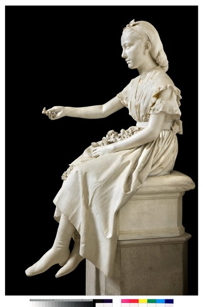 Retrato da Marquesa Virginia Busti Porro quando jovem ou jovem oferecendo uma flor de Vincenzo Vela