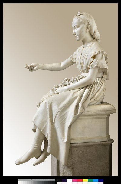 Retrato da Marquesa Virginia Busti Porro quando jovem ou jovem oferecendo uma flor de Vincenzo Vela