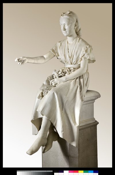 Retrato da Marquesa Virginia Busti Porro quando jovem ou jovem oferecendo uma flor de Vincenzo Vela