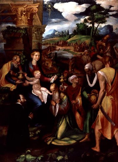Adoração dos Magos com um Doador (óleo e tempera no painel) de Vincenzo da (d.1557) Pavia