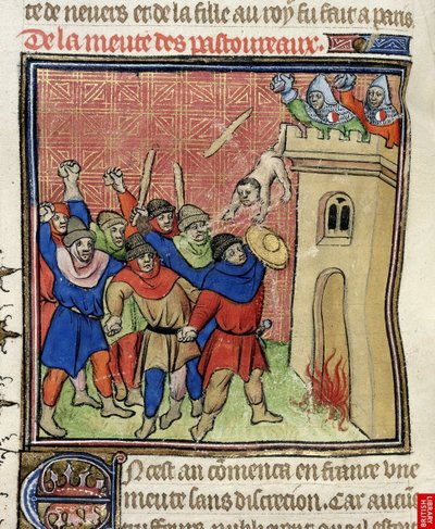 Detalhe de uma miniatura da Terceira Cruzada de Pastoureaux. Judeus jogando seus filhos de uma torre, depois de 1380 de Virgil Master