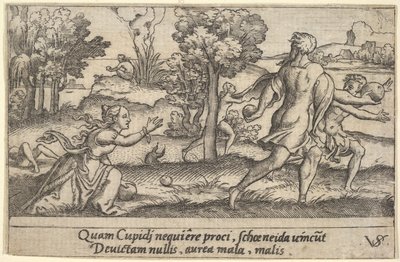 Atalanta e Hipômenes, em primeiro plano Atalanta ajoelhada para apanhar uma maçã e..., ca. 1535-62. de Virgil Solis