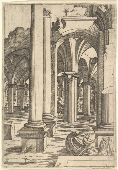 Barcos Remados Através de Ruínas Inundadas, ca. 1550-62. de Virgil Solis