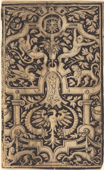 Strapwork e ornamento de folhagem em solo escuro com macacos e outros animais de Virgil Solis