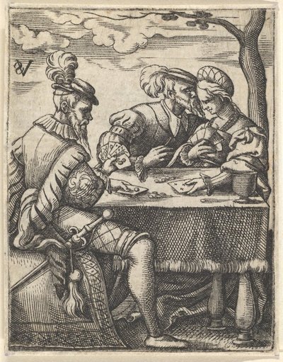 Dois homens e uma mulher jogando cartas em uma mesa, um homem pressionando o nariz em direção ao ..., ca. 1535-62. de Virgil Solis