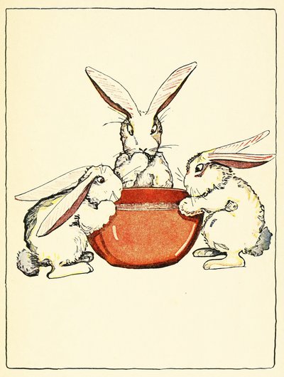 Flopsy, Mopsy e Cotton-Tail comeram pão, leite e amoras para o jantar, do pub The Tale of Peter Rabbit. 1916 (lito colorido) de Virginia Albert