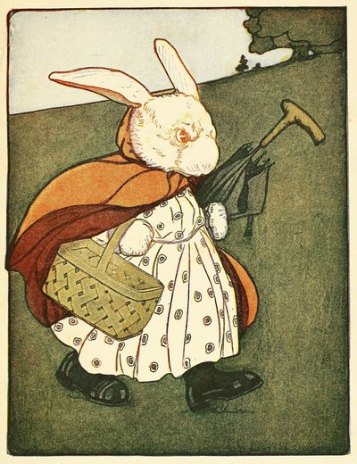 Então a velha Sra. Coelho . atravessou a floresta até a padaria, do bar The Tale of Peter Rabbit. 1916 (lito colorido) de Virginia Albert