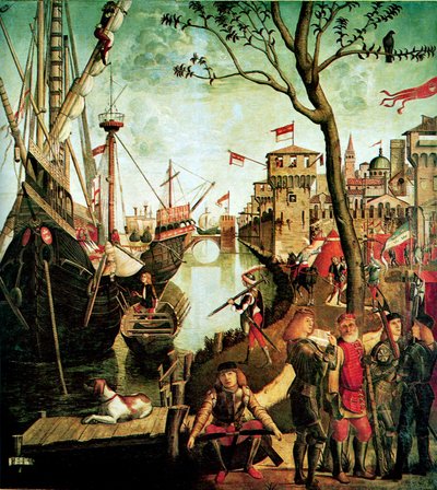 Chegada de Santa Úrsula em Colônia Durante o cerco dos hunos A lenda de Santa Úrsula, 1490 de Vittore Carpaccio