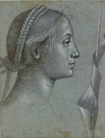 Cabeça de uma mulher com uma flâmula enrolada em um polonês, final do século XV de Vittore Carpaccio
