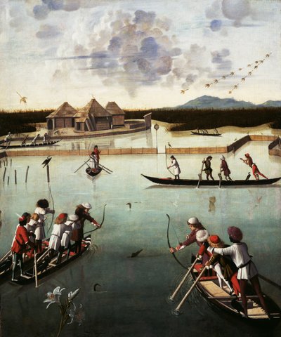 Hunting on the Lagoon, c.1490-5 (óleo no painel) de Vittore Carpaccio