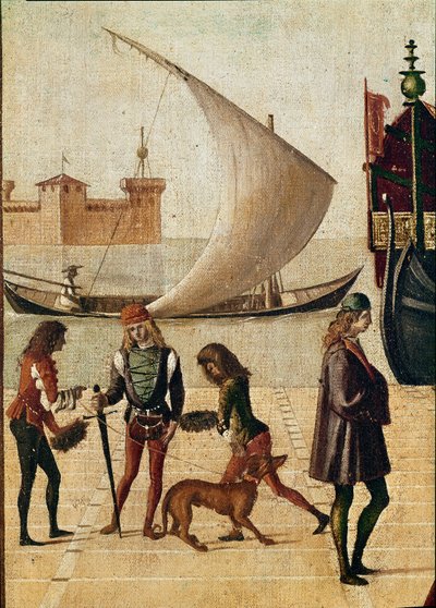 Lenda da Úrsula: chegada detalhada dos Embaixadores (da lenda dourada de Jacopo da Varagine) (temperaa sobre tela de Vittore Carpaccio