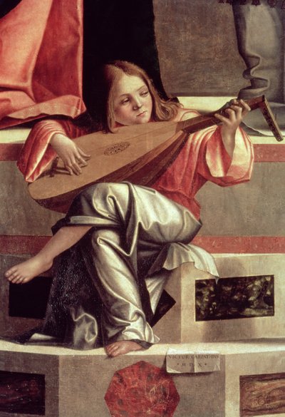 Anjo menestrel tocando um alaúde, pormenor de A apresentação de Jesus no Templo de Vittore Carpaccio