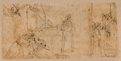 Estudos para um anúncio; para o Martírio de Santa Agatha; para uma Madona de luto (caneta e tinta sobre giz sobre papel) (verso de 5933930) de Vittore Carpaccio