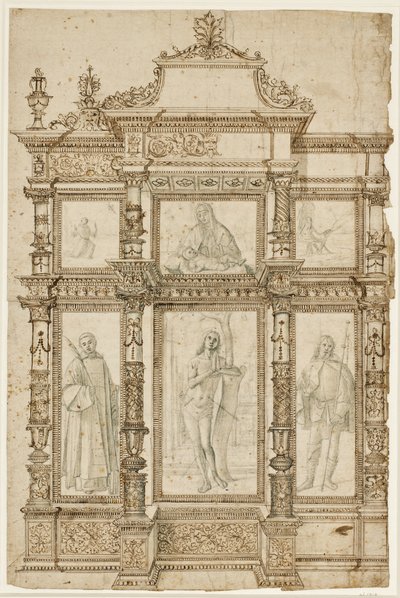 Estudo para um retábulo com seis quadros em uma estrutura ornamentada de molduras. Acima: A estigmatização de São Francisco, Madona e Menino, São Jerônimo no deserto; em baixo: São Lourenço, Sebastião e Rocha de Vittore Carpaccio