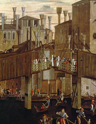 O Milagre da Relíquia da Santa Cruz, detalhe da antiga Ponte Rialto, da Scuola di San Giovanni Evangelista, c.1494 de Vittore Carpaccio