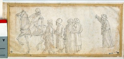 Turcos, um deles está a cavalo Desenho em tinta castanha e lavagem por Vittore Carpaccio (1450-1526) Dim. 0,11 x 0,28 m Paris. Museu do Louvre de Vittore Carpaccio