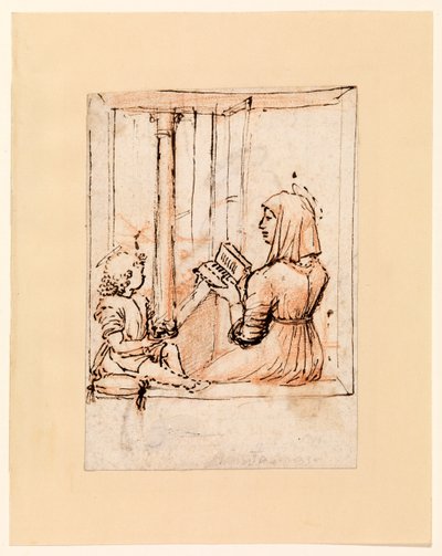 Virgem Maria lendo para o Menino Cristo (recto), final dos anos 1480 - início dos anos 1490 (caneta e tinta marrom escura sobre giz vermelho, sobre papel deitado) de Vittore Carpaccio