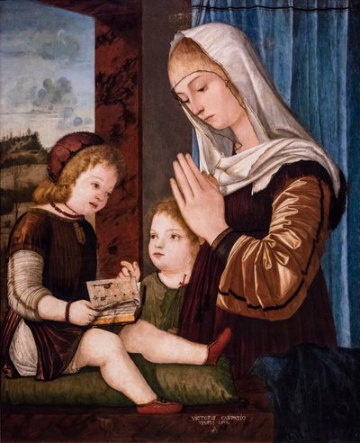Virgem e Menino com São João Batista em criança, cerca de 1494/97 (técnica mista sobre madeira transferida para seda) de Vittore Carpaccio