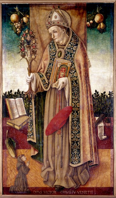 Representação de São Boaventura (San bonaventura) segurando a árvore da redenção Boaventura Tolomei foi um dominicano em Siena que morreu em 1348 da peste" Pintura de Vittore Crivelli (1440-1502) Paris do século XVI, Musee Jacquemart Andre de Vittorio Crivelli