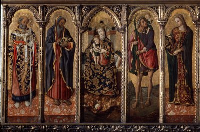 ""Madonna and Child with Saints"" Estão representados: São Nicolau de Myre ou Bari (270-345), Santo António Abade (Santo António Magno (250/251-356) (ou Santo António o eremita), São Cristóvão e Santa Catarina (de Alexandria?). de Vittorio Crivelli