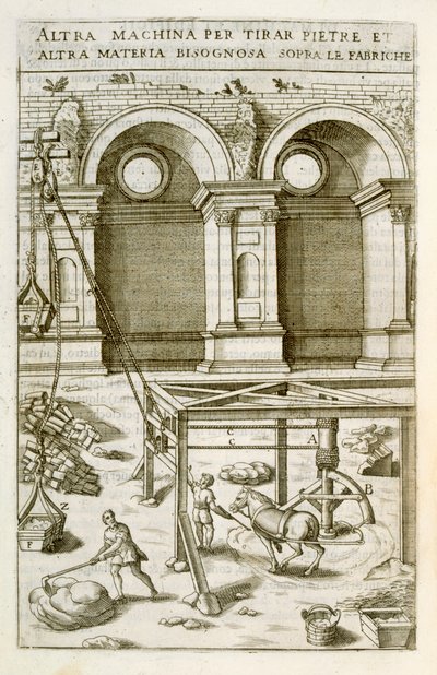 Máquina movida a cavalo para elevação de materiais de construção, do &39;New Machines and Buildings Theatre&39;, pub. 1607 de Vittorio Zonca