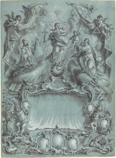 Um elaborado cenário rococó com a Virgem e o Menino e os santos derrotando o mal, a heresia e o amor profano de Vitus Felix Rigl