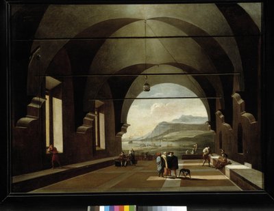 Galeria voutada com paisagem marinha ao fundo (óleo sobre tela) de Viviano Codazzi