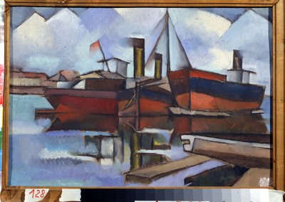 Bateaux a vapeur (Barcos a vapor) - Peinture de Vladimir Davidovich Baranov Rossine (Baranov-Rossine) (Vladimir Daniel Baranoff Rossine) (1888-1944) - Huile sur toile, 35,5 x 51,5 cm de Vladimir Davidovich Baranov Rossine