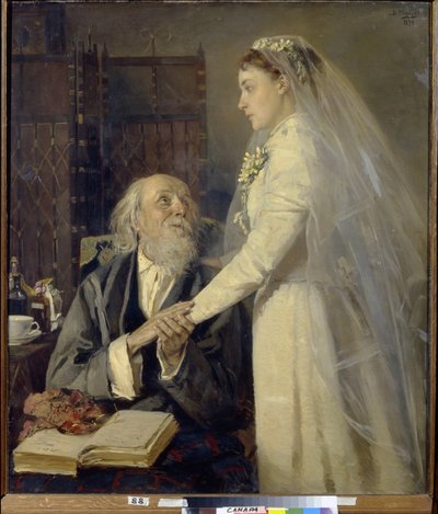 Antes do Casamento. Antes do Casamento. Adeus. Uma cena cheia de ironia onde um homem velho rodeado de frascos de medicamentos, um livro aberto nos joelhos, com os seus óculos e o seu lenço, toma ternamente a mão de uma jovem mulher com o seu vestido. de Vladimir Egorovic Makovsky
