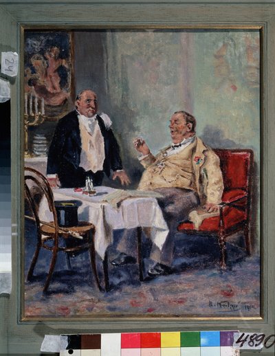 Num Restaurante. Um homem obeso e satisfeito com uma flor na sua botoeira felicita o empregado no final do seu jantar. Pintura de Vladimir Yegorovich Makovski (Makovsky, Makovskij) (1846-1920), óleo sobre tela de Vladimir Egorovic Makovsky