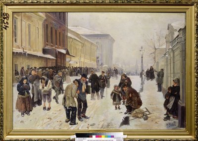 O Asilo Noturno (Dosshouse). Cena de rua, uma multidão de pessoas carentes e sem-teto estão reunidas em frente ao prédio da recepção, sofrendo com o frio e a pobreza. Pintura de Vladimir Yegorovich Makovsky (Makovsky, Makovskij) (1846-1920), óleo sobre tel de Vladimir Egorovic Makovsky