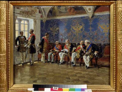 À espera de uma audiência. Sala de espera com personagens em trajes oficiais com todas as condecorações honoríficas e atributos de sua nobreza e funções esperam e discutem antes de serem recebidos pelo czar. pei de Vladimir Egorovic Makovsky