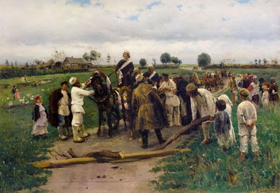 A pagar um resgate pela noiva. Pintura de Vladimir Makovsky - Pagando um resgate pela noiva - Vladimir Yegorovich Makovsky (1846-1920). Óleo sobre tela de Vladimir Egorovic Makovsky