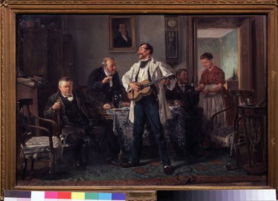 Parceiro. Reunidos à volta de uma mesa numa sala de estar, ouvem um guitarrista que canta enquanto uma mulher lhes traz uma nova garrafa de vinho. Pintura de Vladimir Yegorovich Makovsky (Makovsky, Makovskij) (1846-1920), óleo sobre t de Vladimir Egorovic Makovsky