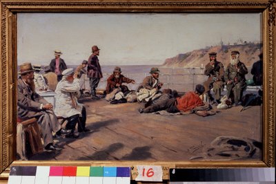 No convés. Viajantes de todas as classes num barco ao longo da costa. Pintura de Vladimir Yegorovich Makovski (Makovsky, Makovskij) (1846-1920), óleo sobre tela de Vladimir Egorovic Makovsky