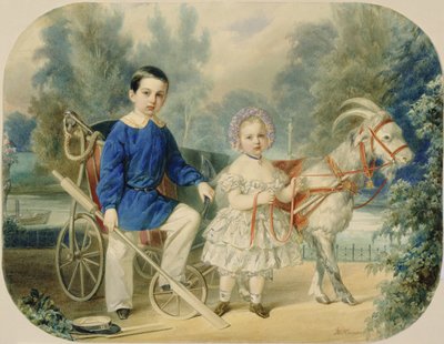 Grão-Duque Alexandre e Grão-Duque Alexey como Crianças, 1853 (wc no cartão) de Vladimir Ivanovich Hau
