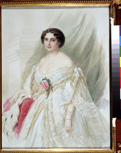 "Retrato de uma senhora com uma capa de pele" Ela está vestida com um vestido branco com fitas, brincos e braceletes. Aguarela de Vladimir Hau (Gau) (1816-1895) 1860 Colecção privada de Vladimir Ivanovich Hau