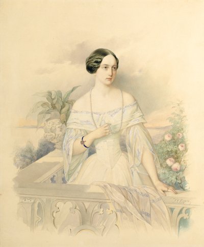 Retrato da grã-duquesa Olga Nikolaevna, 1846 (wc no cartão) de Vladimir Ivanovich Hau
