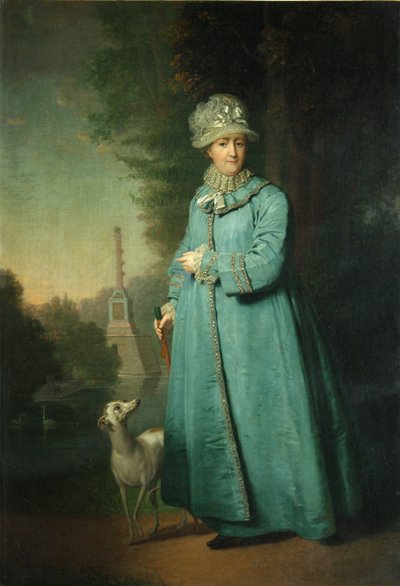 Catarina II passeando no parque em Tsarskoye Selo com a Coluna Chesme ao fundo, 1794 de Vladimir Lukich Borovikovsky