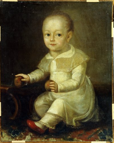 Retrato de uma criança com maçãs. (Retrato de uma criança com maçãs). Pintura de Vladimir Lukitch Borovikovsky (ou Borovikovsky) (1757-1825) de Vladimir Lukich Borovikovsky